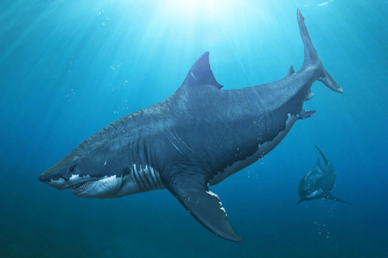Great white shark swimming underwater with rays of sunlight