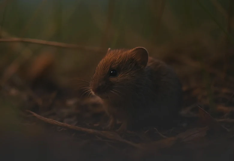Polní myš v přírodě mezi suchými listy.