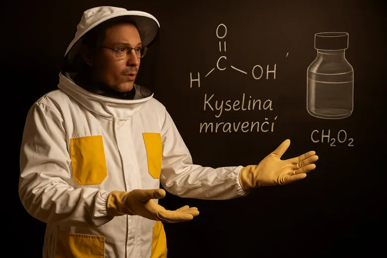 Včelař ukazuje kyselinu mravenčí na tabuli.