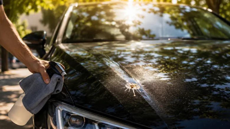 Muž čistí černý automobil sprejem a utěrkou.