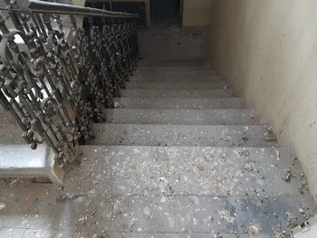 Schodiště s ptáčími trusy na betonu vedle zábradlí.
