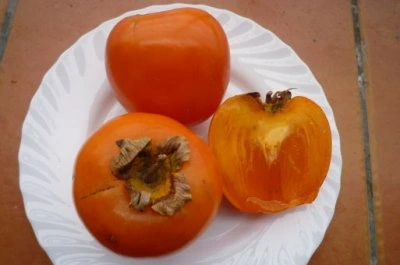 Tři zralé hrušky na bílém talíři s jednou rozkrojenou.
