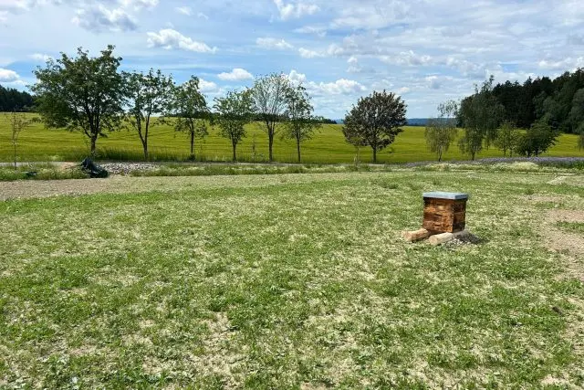 Včelí úl na louce pod oblohou s mraky v české krajině.